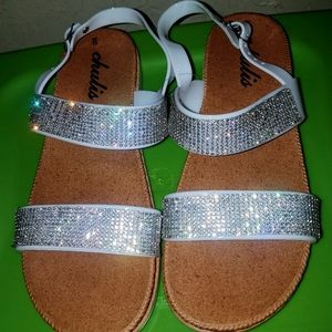 White Silver Rhinestone Bead Sparkle Strappy Plastic Jelly Platform Sandals Shoe